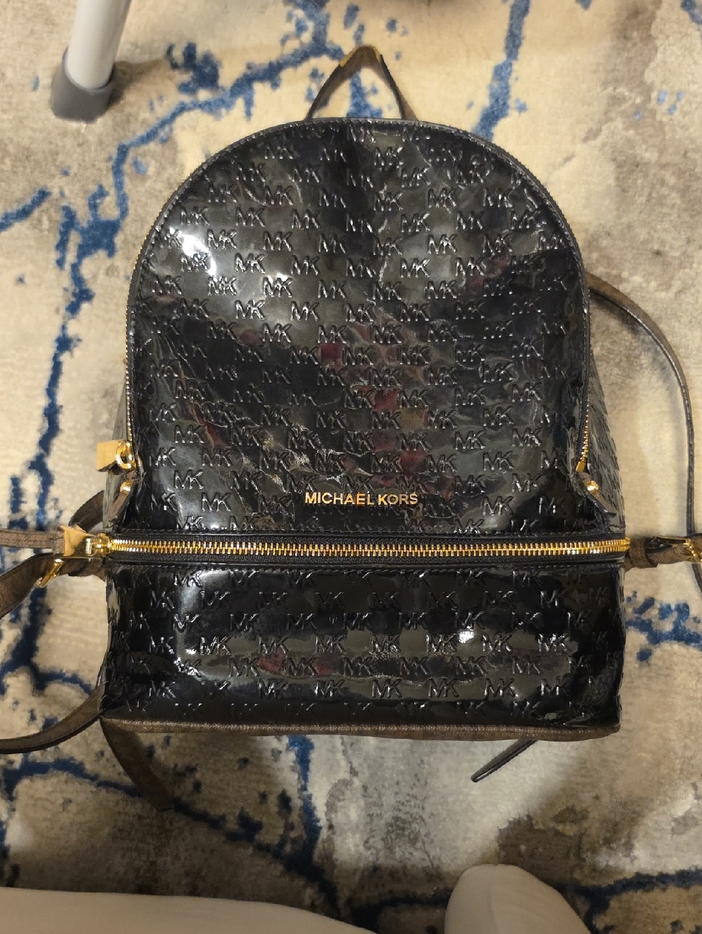 Michael Kors Black Patent Leather Embossed MK Backpack with Gold Hardware